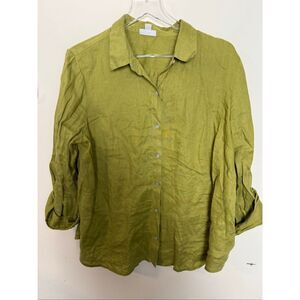 J.Jill Love Linen Olive Green Button Front Shirt Size L Petite Linen Relaxed Cas